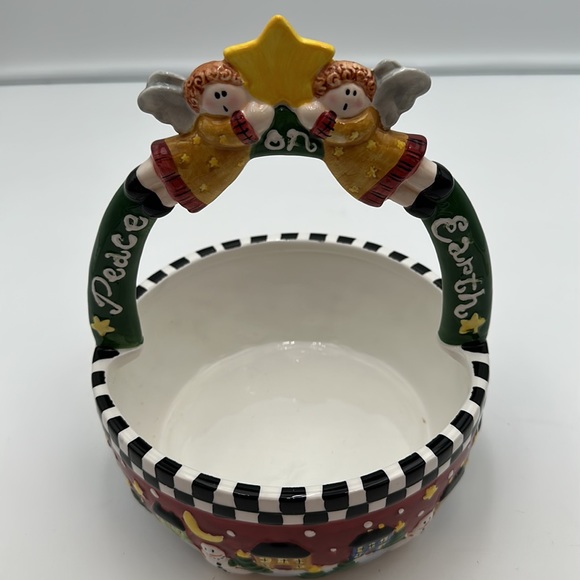 Ceramic Christmas Angel Basket Bowl Winter Scene Peace on Earth Palm Tree Co - Picture 11 of 16